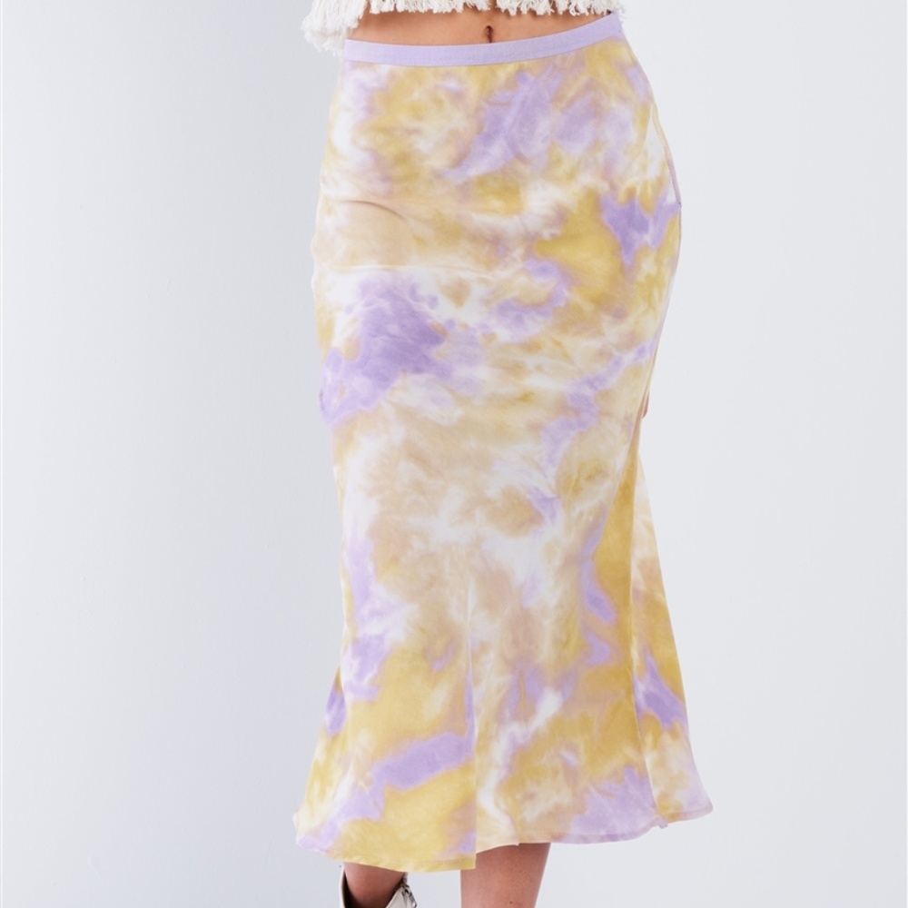 Lavender High Waisted Tie Dye Satin Midi Skirt